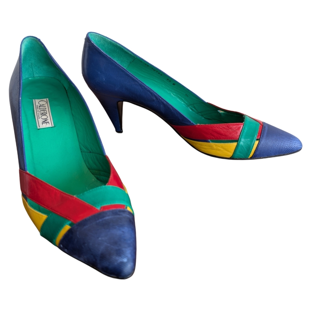 Vintage Calderone 90s Bright‎ Blue Red Yellow Teal Leather Heels
